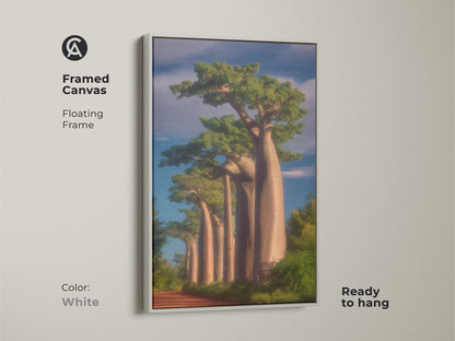 Framed canvas of Baobab trees with a white floating frame. The African savanna landscape enhances boho decor. Ready to hang this nature painting is a perfect gift for nature lovers. This is a unique African art print.
