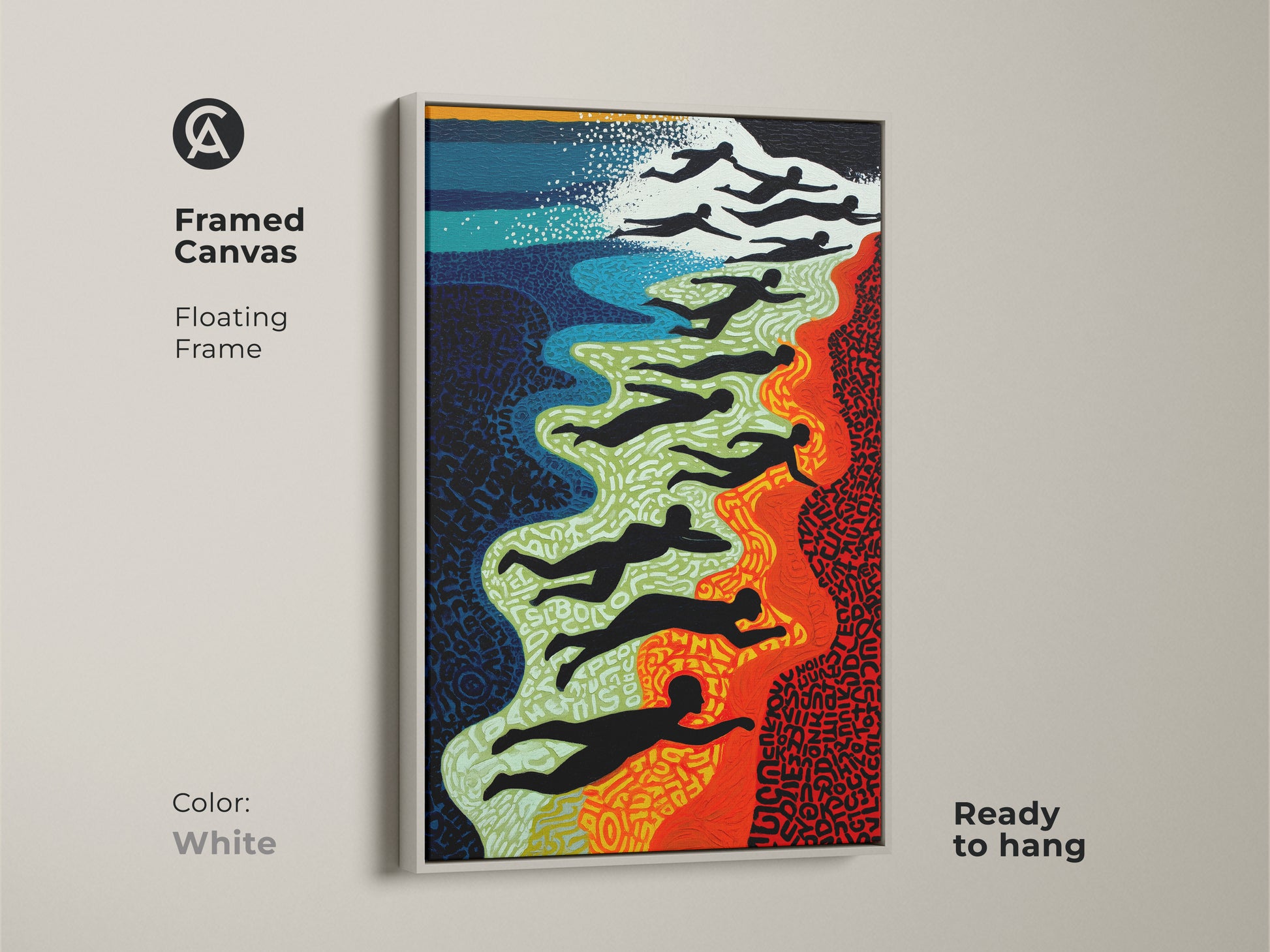 Print Presentation Options featuring Abstract Swimmers Wall Art. Includes poster print stretched canvas and framed canvas options. The red blue and green artwork is a coastal beach scene.