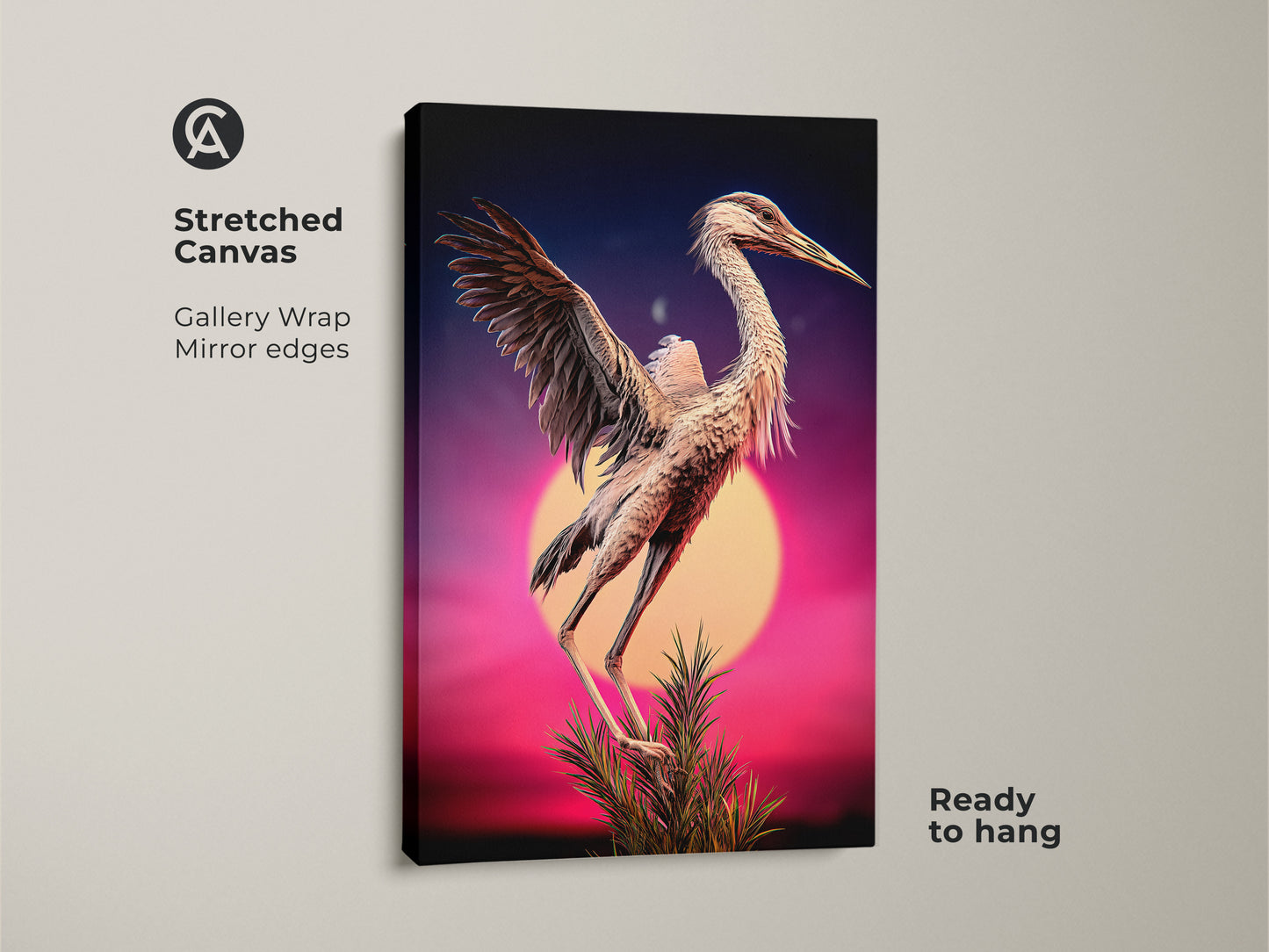 A stunning stretched canvas of a surreal heron bird art print. The eclectic wildlife decor features a purple blue pink sunset. This retro bird wall art is ready to hang. A perfect bird watcher gift canvas for adding nature to your home. Bring this animal wall hanging decor into your living room.