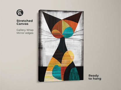 Stretched canvas of abstract geometric cat art. The gallery wrap has mirrored edges. This mid century modern artwork is ready to hang. Teal orange and yellow colors make it pop.