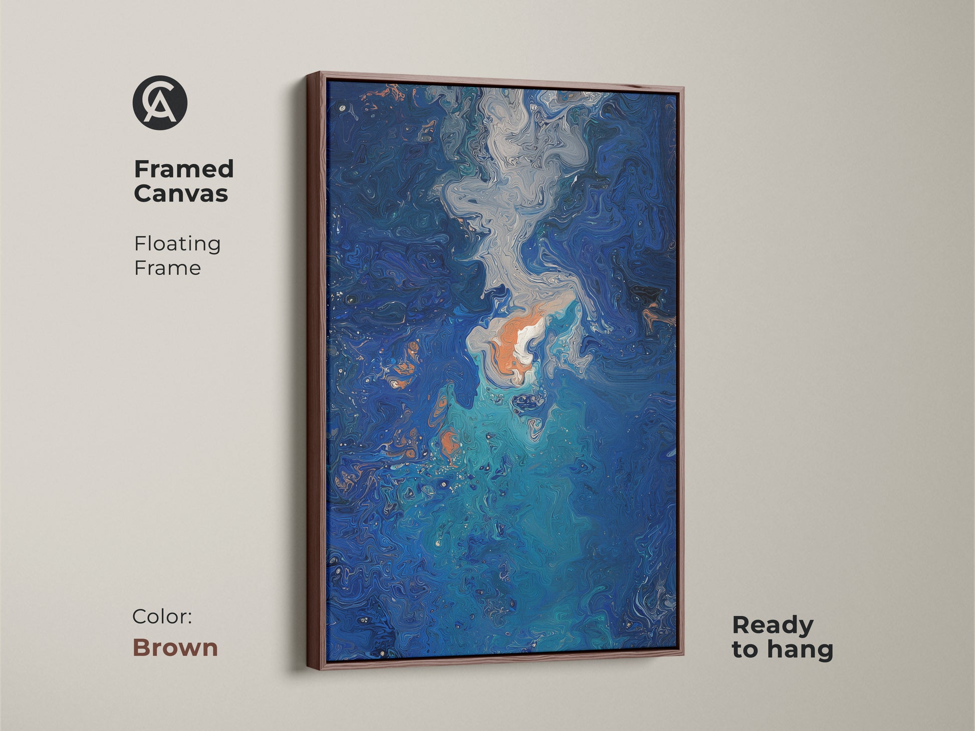 Brown framed canvas art with a floating frame brings warmth to modern decor. Navy blue fluid art with teal swirls creates a captivating display. Ready to hang this artwork complements any contemporary space.