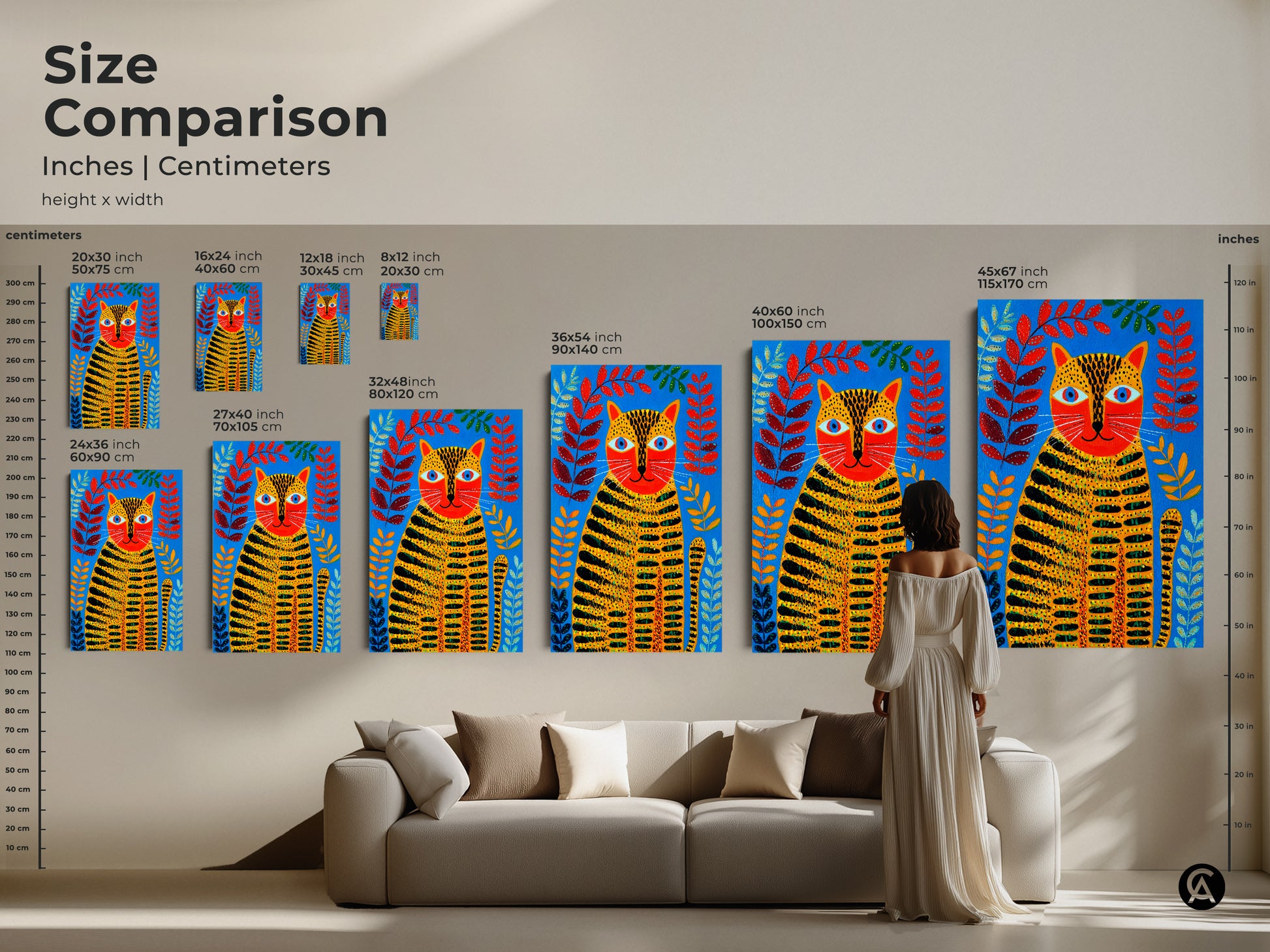 Size comparison of folk art tiger cat art print displayed above a couch. This canvas and poster comes in various sizes. See how this animal artwork fits in a living space.