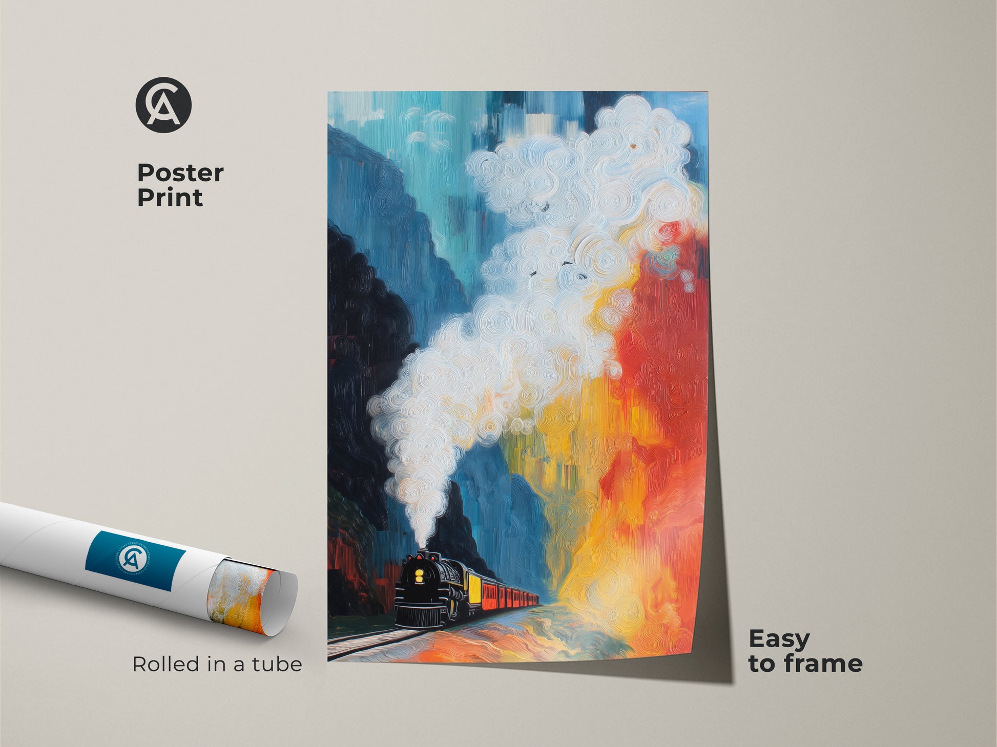Poster print of an expressive abstract train painting. The colorful landscape art features a steam train in teal red and yellow. It is an easy-to-frame transportation art print great for eclectic home decor.