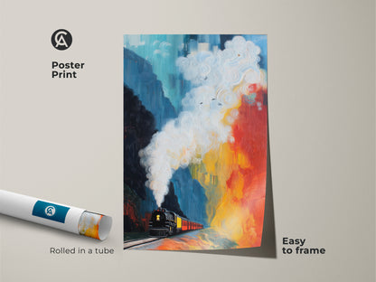 Poster print of an expressive abstract train painting. The colorful landscape art features a steam train in teal red and yellow. It is an easy-to-frame transportation art print great for eclectic home decor.