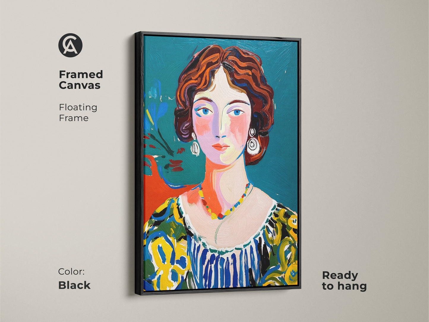 Framed canvas art featuring a woman's portrait. This floating frame artwork is in black. The vibrant painting is ready to hang. It showcases a modern art style. The woman has red hair and a colorful dress. Elevate your space with this piece.
