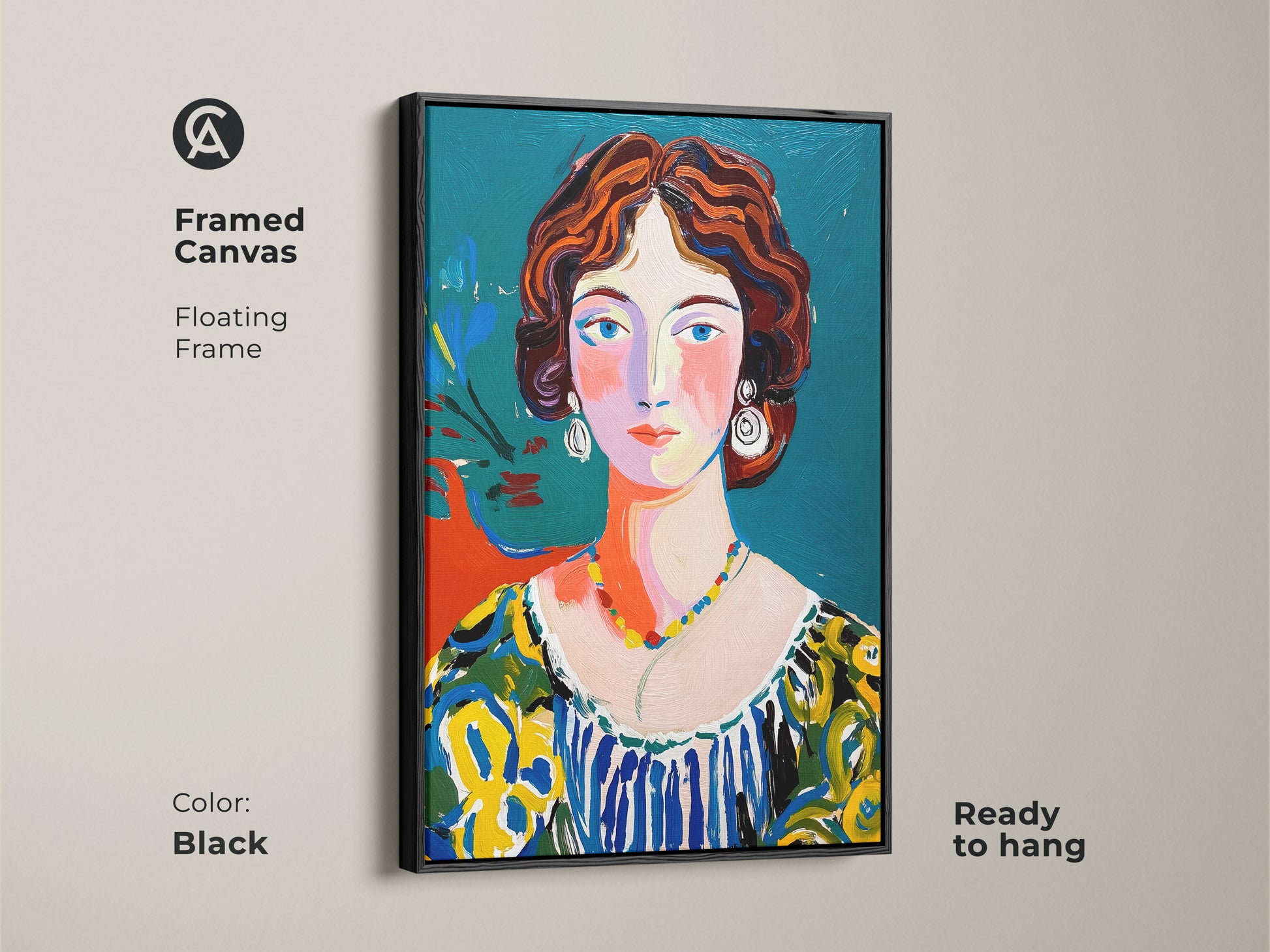 Framed canvas art featuring a woman's portrait. This floating frame artwork is in black. The vibrant painting is ready to hang. It showcases a modern art style. The woman has red hair and a colorful dress. Elevate your space with this piece.