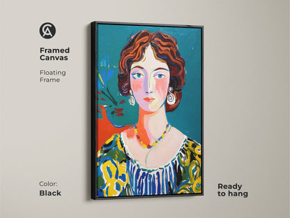 Framed canvas art featuring a woman's portrait. This floating frame artwork is in black. The vibrant painting is ready to hang. It showcases a modern art style. The woman has red hair and a colorful dress. Elevate your space with this piece.