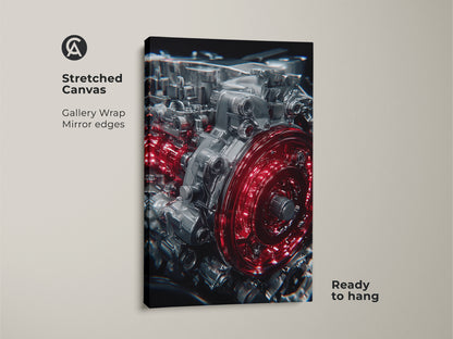 Stretched canvas print of an Automotive Engine. Gallery wrapped with mirror edges. The industrial machinery canvas features red and silver gears. Ready to hang in a mechanic garage or office.
