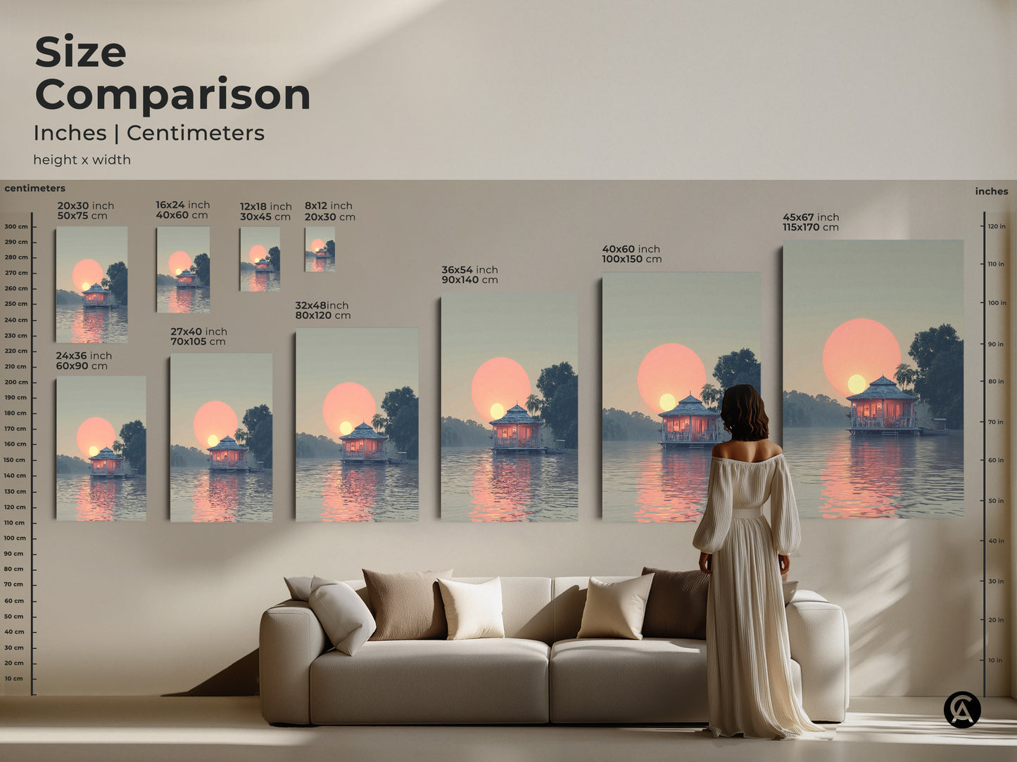 Size Comparison for Bungalow Sunset Canvas. See the inches and centimeters height x width comparison. Sizes range from 20x30 cm to 45x67 inches. The woman in white is looking at the serene waterfront bungalow painting.