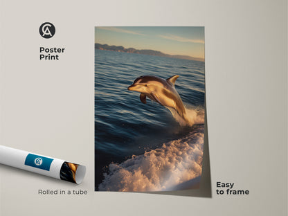 A poster print of a dolphin leaping from teal blue ocean waves. This wildlife photography art is easy to frame. Rolled in a tube for protection. Ideal for adding a coastal touch to any room. A great gift for ocean enthusiasts.
