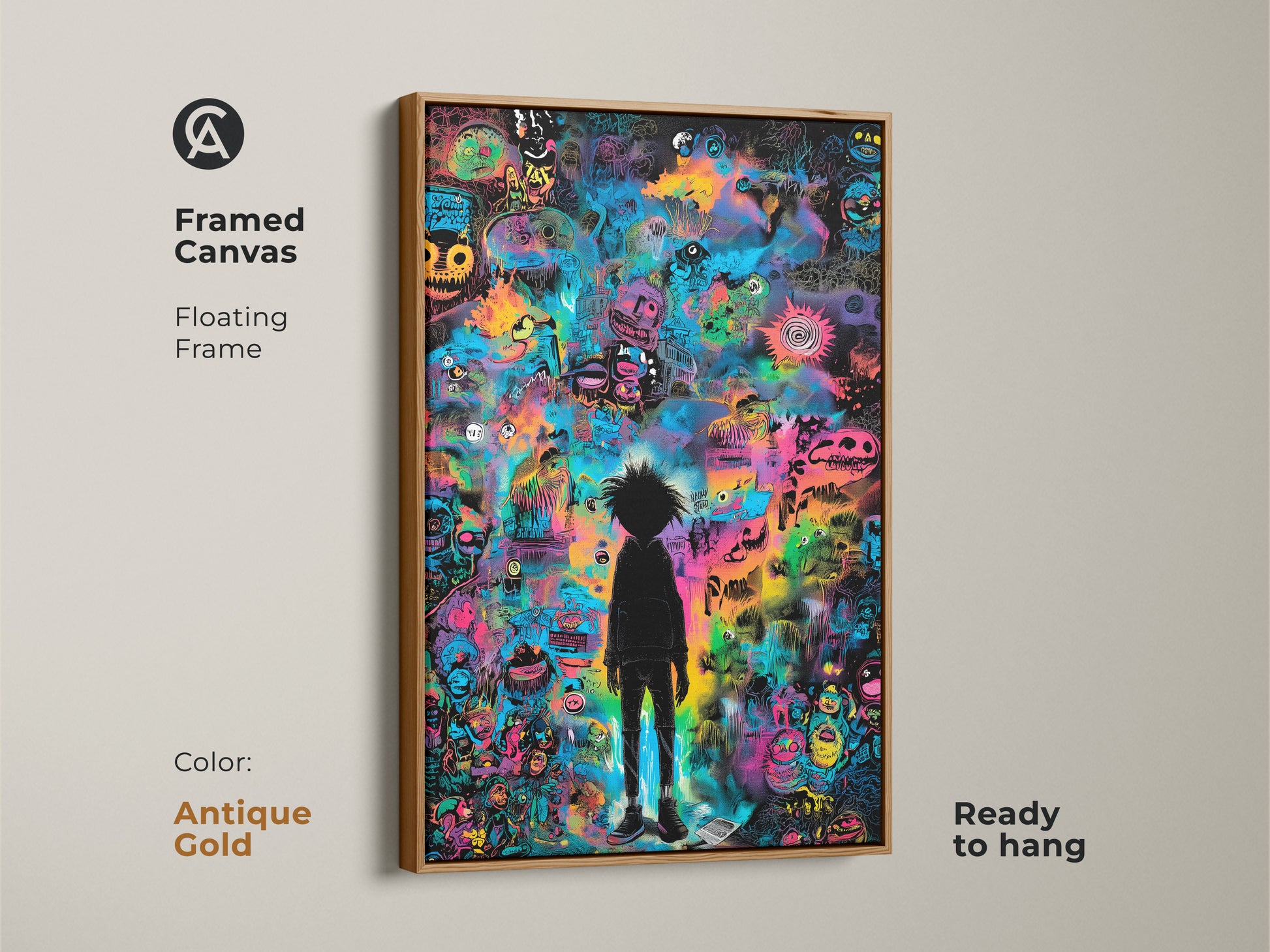 Framed canvas art featuring a colorful graffiti-style artwork in an antique gold floating frame. The artwork displays a black silhouette figure amidst cartoonish monsters and abstract symbols. This ready-to-hang canvas adds a unique touch to any space.