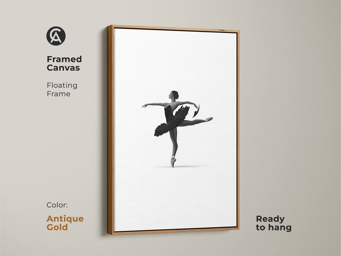 Framed canvas featuring minimalist ballerina art. Antique gold floating frame highlights black and white dancer wall art. The elegant ballet figure canvas elevates bedroom decor. This monochrome ballet art is ready to hang. Minimalist figure art.