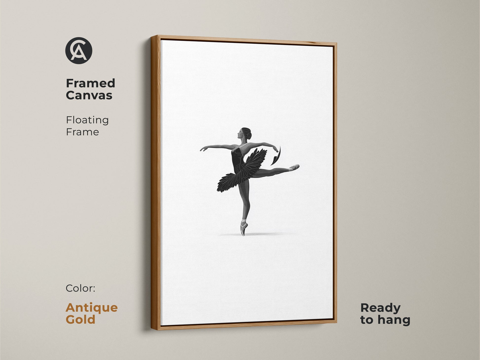 Framed canvas featuring minimalist ballerina art. Antique gold floating frame highlights black and white dancer wall art. The elegant ballet figure canvas elevates bedroom decor. This monochrome ballet art is ready to hang. Minimalist figure art.