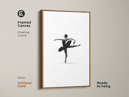Framed canvas featuring minimalist ballerina art. Antique gold floating frame highlights black and white dancer wall art. The elegant ballet figure canvas elevates bedroom decor. This monochrome ballet art is ready to hang. Minimalist figure art.