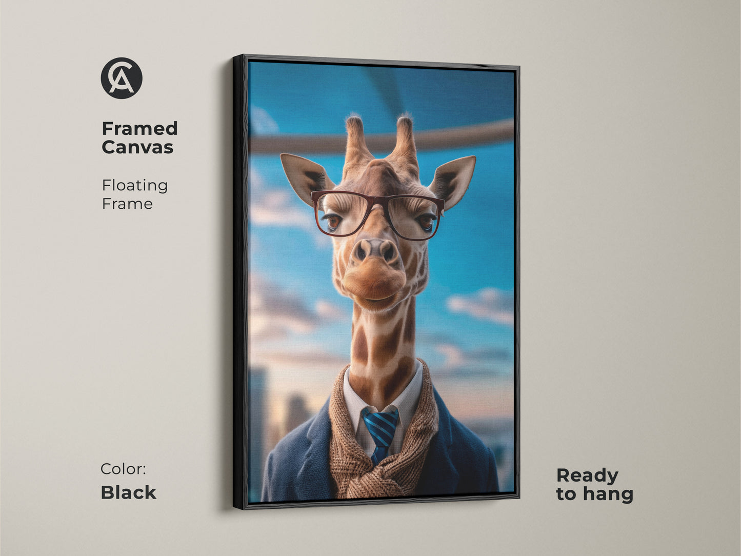Add a touch of sophistication to your space with this Eclectic Giraffe Wall Art. This framed canvas features a dapper giraffe in glasses and a suit. The warm brown tones and floating frame enhance its charm. Perfect for those seeking unique office decor and animal portrait art.