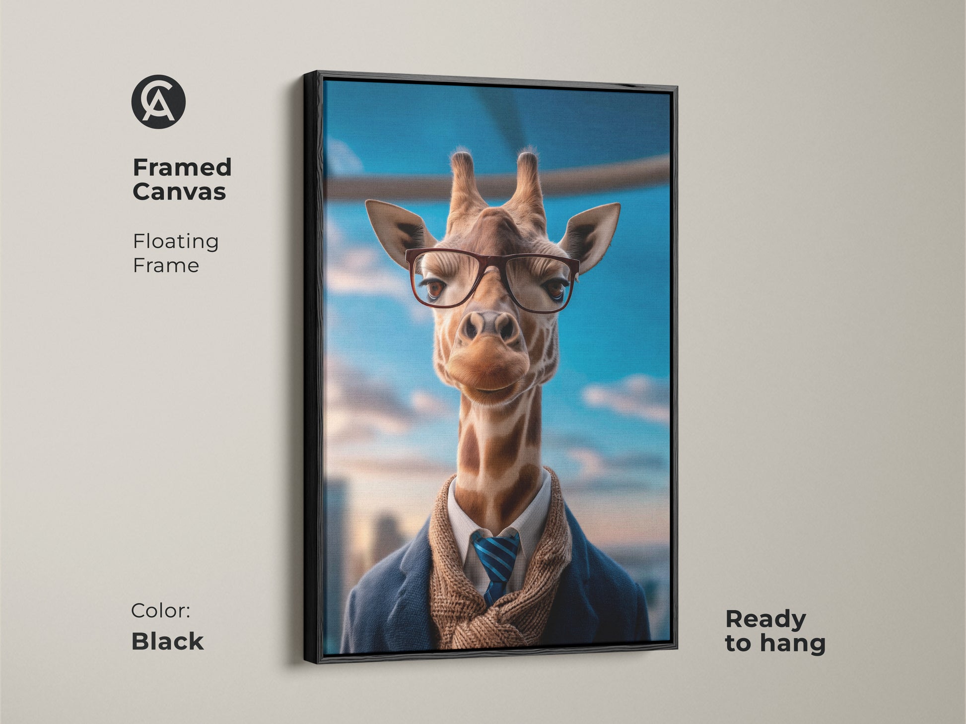 Add a touch of sophistication to your space with this Eclectic Giraffe Wall Art. This framed canvas features a dapper giraffe in glasses and a suit. The warm brown tones and floating frame enhance its charm. Perfect for those seeking unique office decor and animal portrait art.