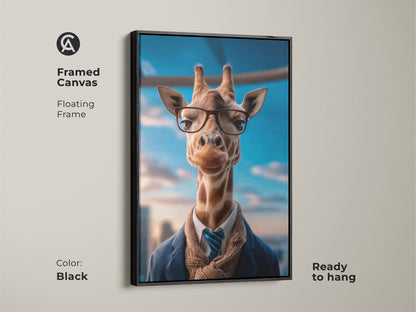 Add a touch of sophistication to your space with this Eclectic Giraffe Wall Art. This framed canvas features a dapper giraffe in glasses and a suit. The warm brown tones and floating frame enhance its charm. Perfect for those seeking unique office decor and animal portrait art.