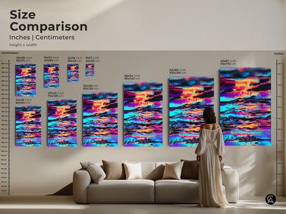 Size comparison of the abstract glitch art print in inches and centimeters. The artwork featuring a skyline landscape in cyan orange and purple is shown in various sizes. This modern digital artwork can be selected to fit any space from small to large.