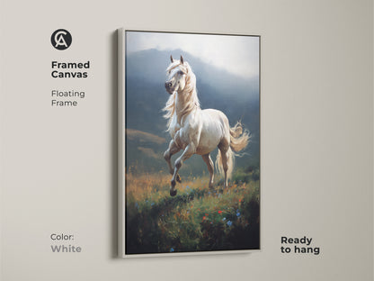 Framed canvas print featuring a white horse galloping. The white floating frame blends with this equestrian art. This nature-inspired artwork brings a serene touch to any wall. Ready to hang and makes a lovely gift for horse lovers and animal art fans.
