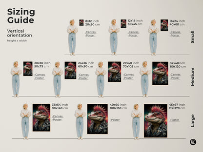 Sizing guide for vertical punk lizard canvas and poster art. Find the ideal fit for your space with small medium and large options. See how this alternative animal portrait transforms a room. Sizes range from 8x12 to 45x67 inches. Choose the best fit.