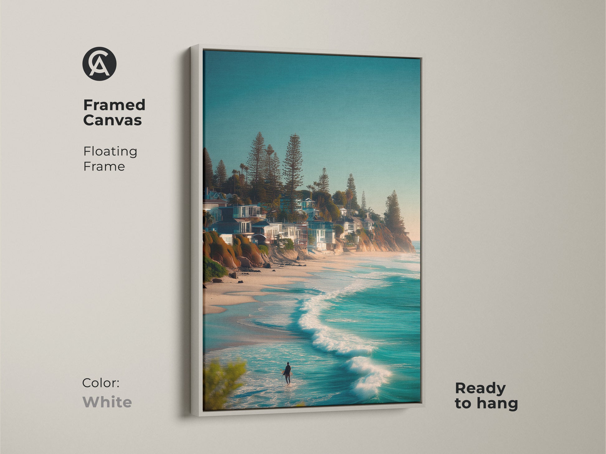 White framed canvas art of a surfer walking into the ocean waves. The floating frame enhances the artwork's visual appeal. This ready-to-hang piece brings a serene coastal vibe to any space. Perfect for beach lovers and art collectors alike.
