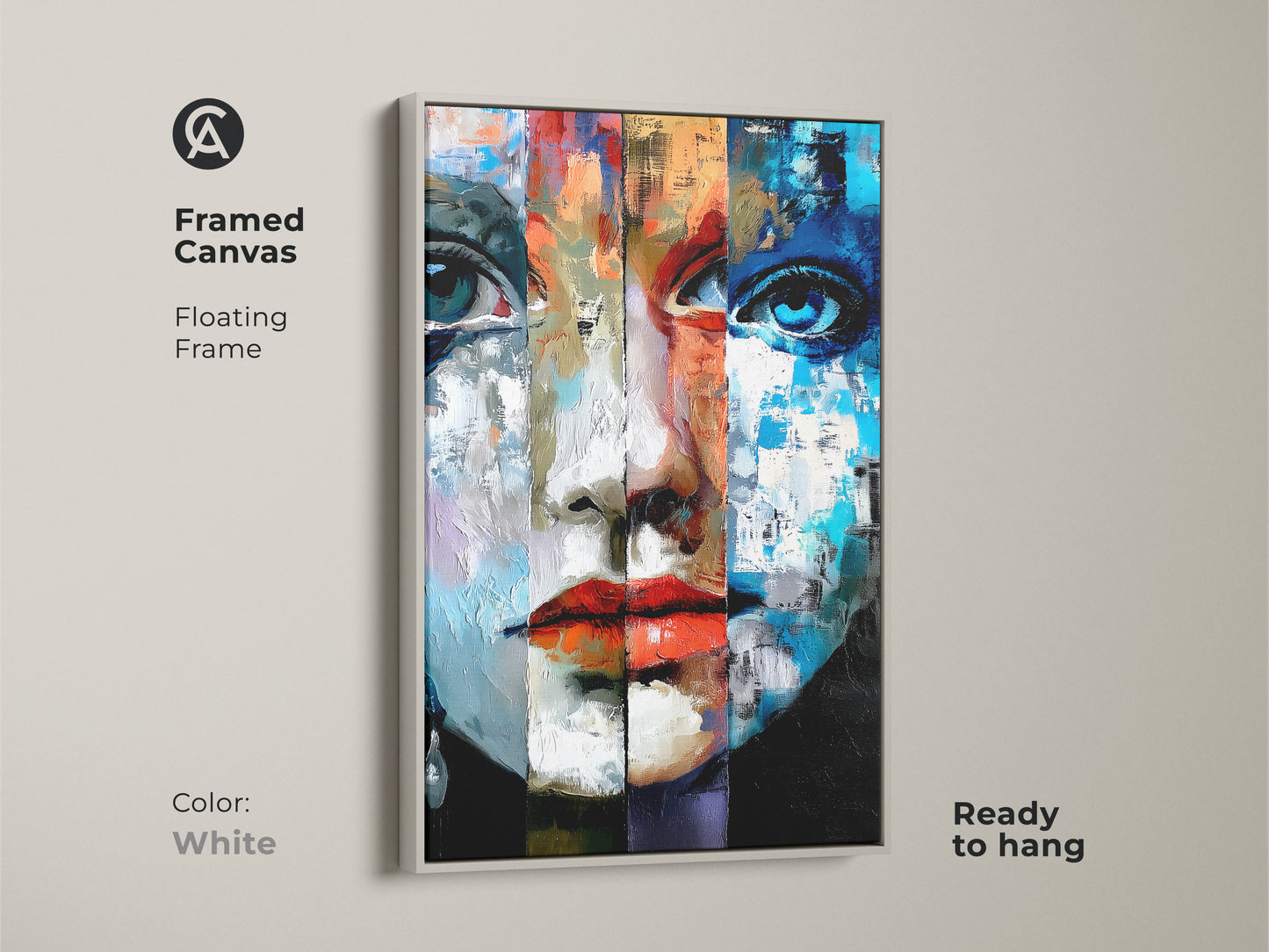 White Framed Canvas displaying an abstract woman's face in bold Expressionist style. The floating frame highlights the blue red and orange shades. Ready to hang wall art adds artistic and modern touch to homes.