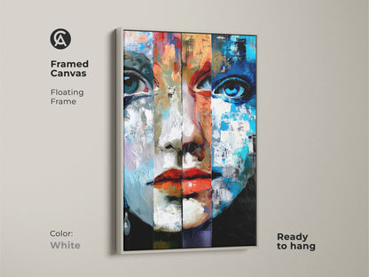 White Framed Canvas displaying an abstract woman's face in bold Expressionist style. The floating frame highlights the blue red and orange shades. Ready to hang wall art adds artistic and modern touch to homes.