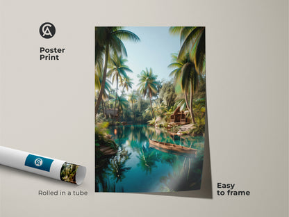 A rolled poster print features a tropical lake scene. The artwork captures a peaceful lake surrounded by palm trees and a small boat. The poster is easy to frame and adds a touch of nature to any space. Perfect wall art for a serene atmosphere.