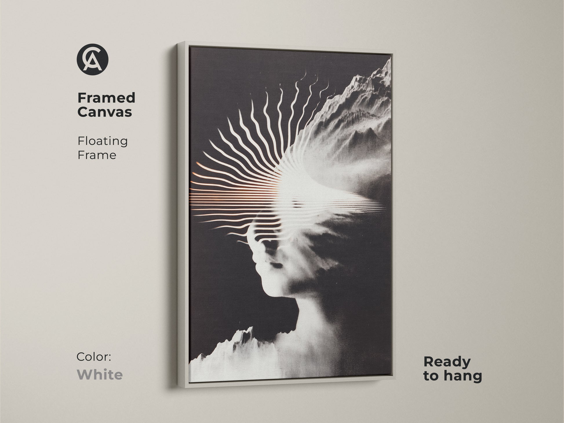 This framed canvas presents a surreal face and mountain artwork in monochrome tones. The floating frame is white adding elegance to the contemporary black and white print. Ready to hang this piece enhances any home or office with modern minimalist artwork. It is a conceptual statement piece.