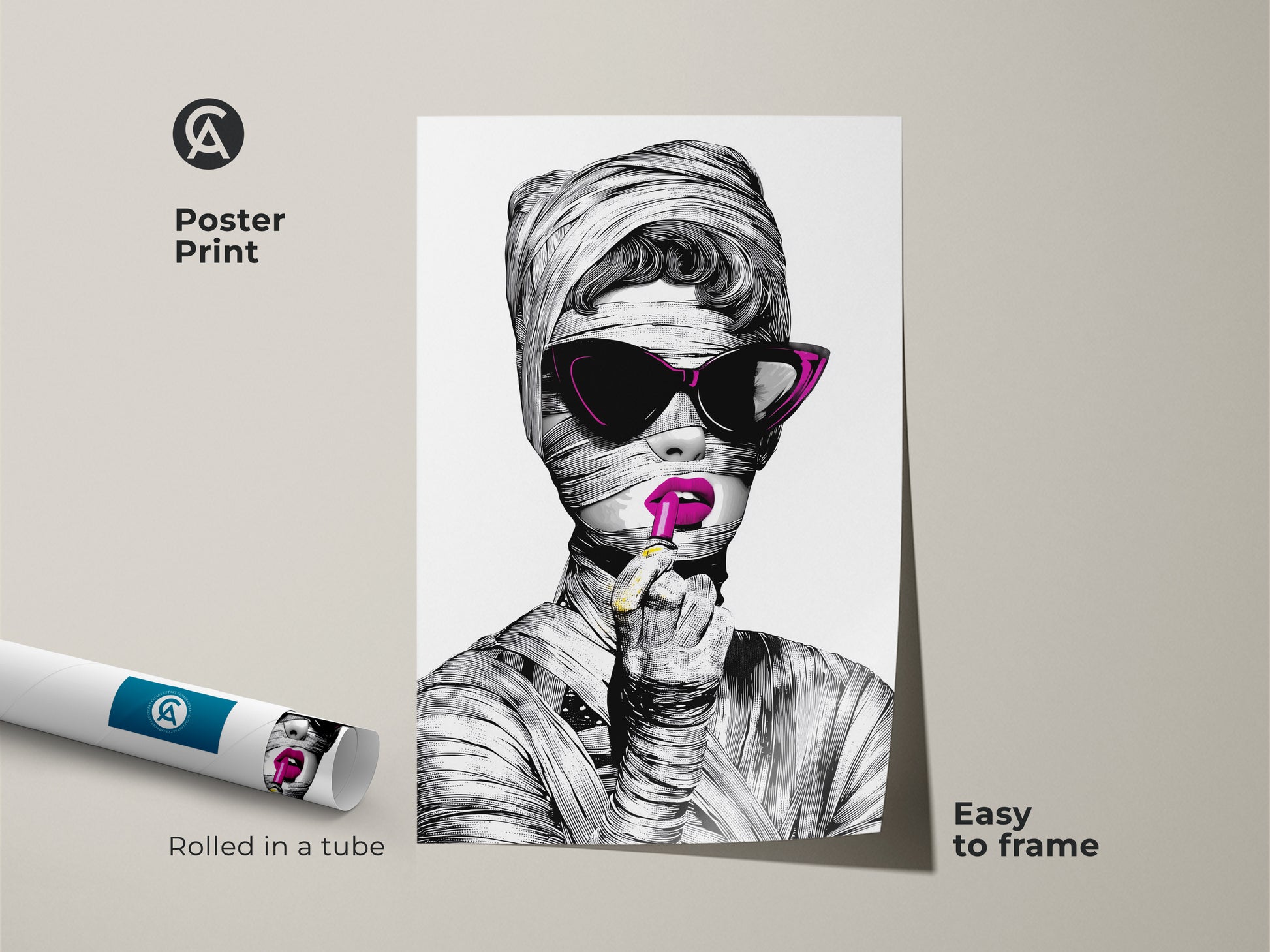 A poster print of a fashionable woman in surrealist portrait. The pop art wall hanging shows her with mummy-like bandages and magenta lipstick. The art gift for her is easy to frame. It's a stylish portrait print rolled in a tube.