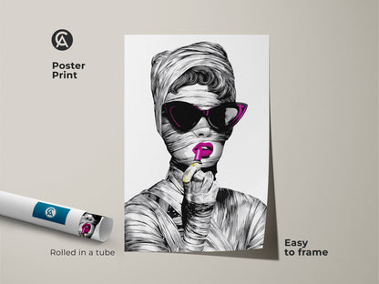 A poster print of a fashionable woman in surrealist portrait. The pop art wall hanging shows her with mummy-like bandages and magenta lipstick. The art gift for her is easy to frame. It's a stylish portrait print rolled in a tube.