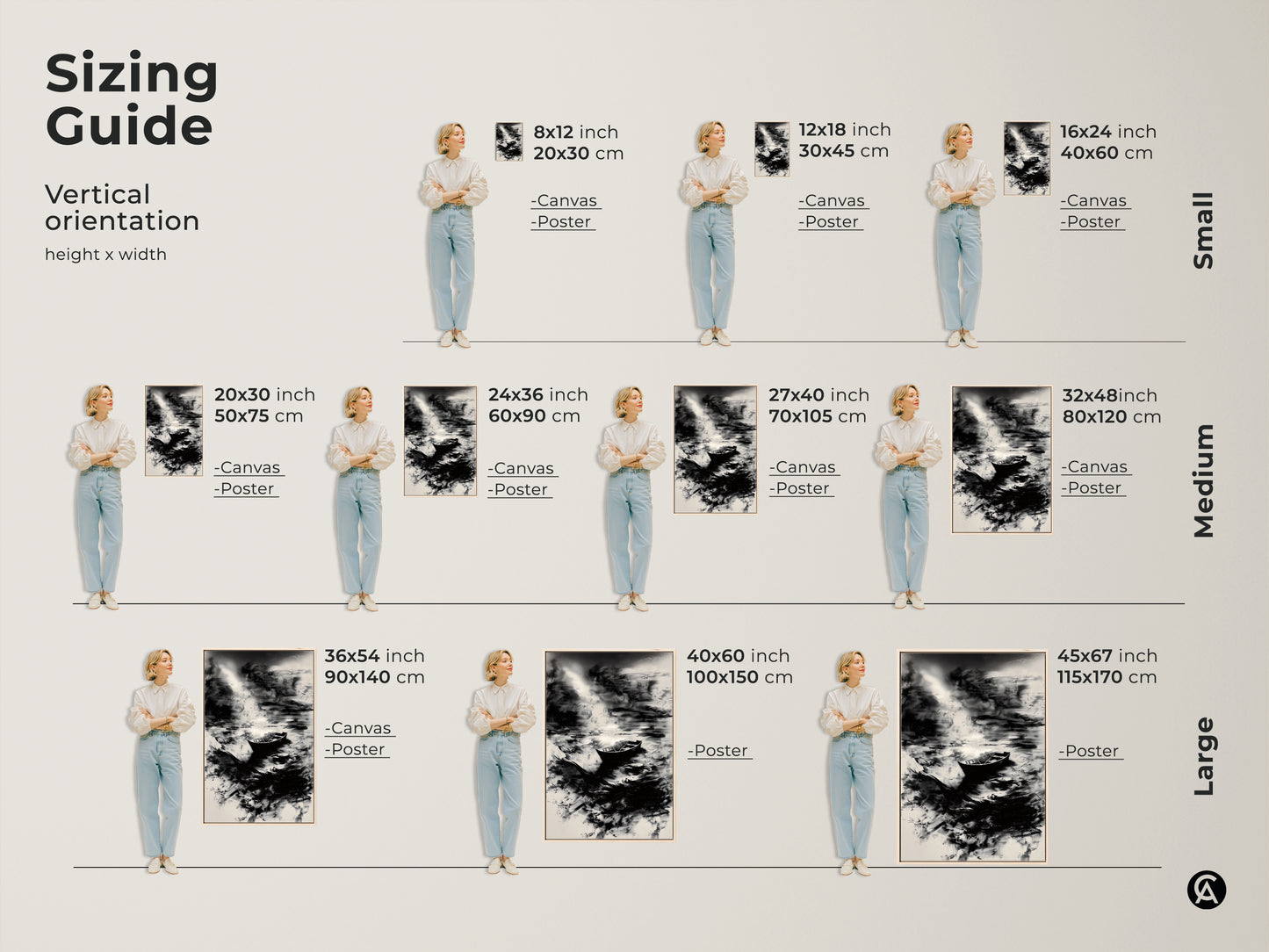 Find the perfect size with our sizing guide for this minimalist boat art. The monochrome nature print is available in various sizes. Select a canvas or poster to fit your space. This black and white artwork complements any room. Ideal for a bedroom office or living room. Enhance your decor today.