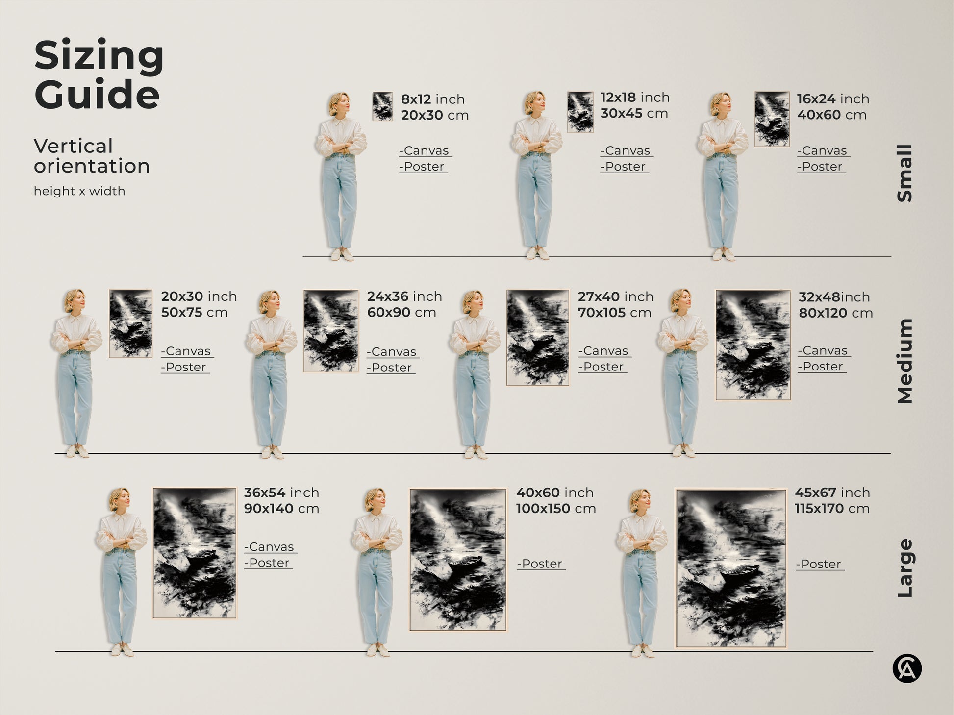 Find the perfect size with our sizing guide for this minimalist boat art. The monochrome nature print is available in various sizes. Select a canvas or poster to fit your space. This black and white artwork complements any room. Ideal for a bedroom office or living room. Enhance your decor today.