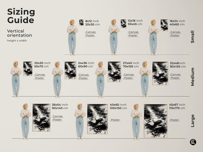 Find the perfect size with our sizing guide for this minimalist boat art. The monochrome nature print is available in various sizes. Select a canvas or poster to fit your space. This black and white artwork complements any room. Ideal for a bedroom office or living room. Enhance your decor today.