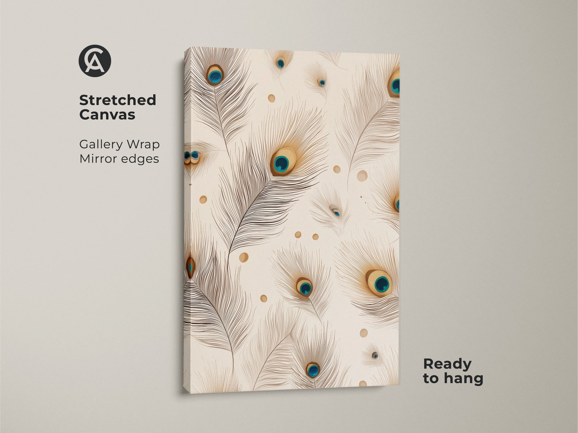 A stretched canvas featuring minimalist peacock feather artwork. Gallery-wrapped with mirrored edges. Ready to hang. The boho abstract wall art brings nature indoors. Teal gold accents.
