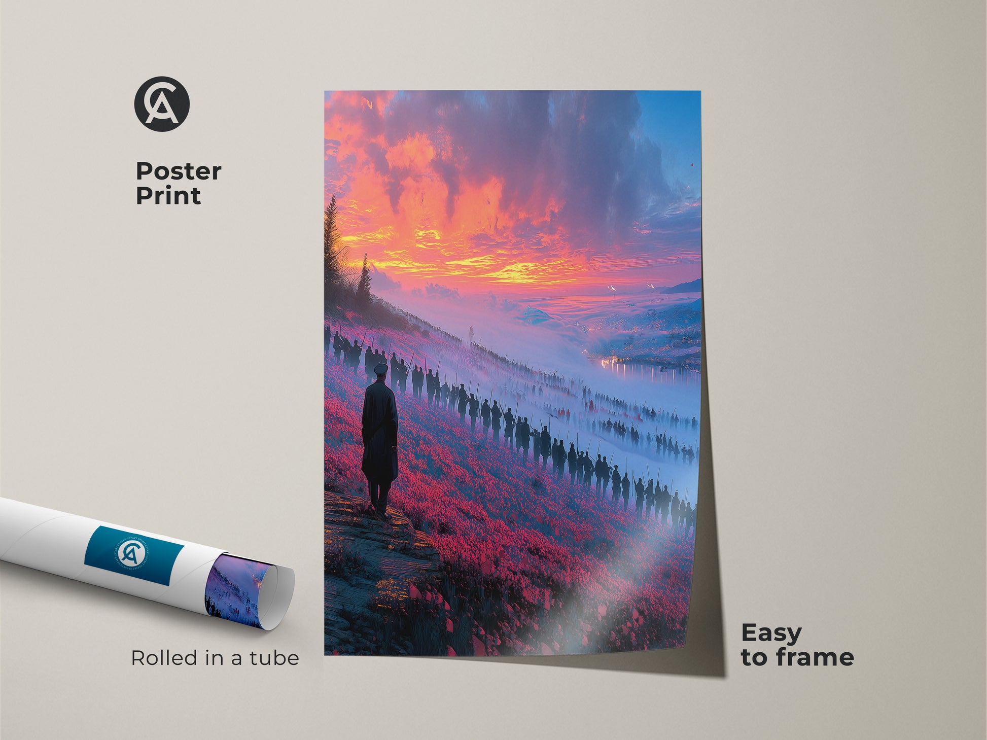 Poster print featuring figures in a landscape art. This unique wall hanging has a surreal landscape print. The fantasy lovers gift is easy to frame and rolled in a tube.