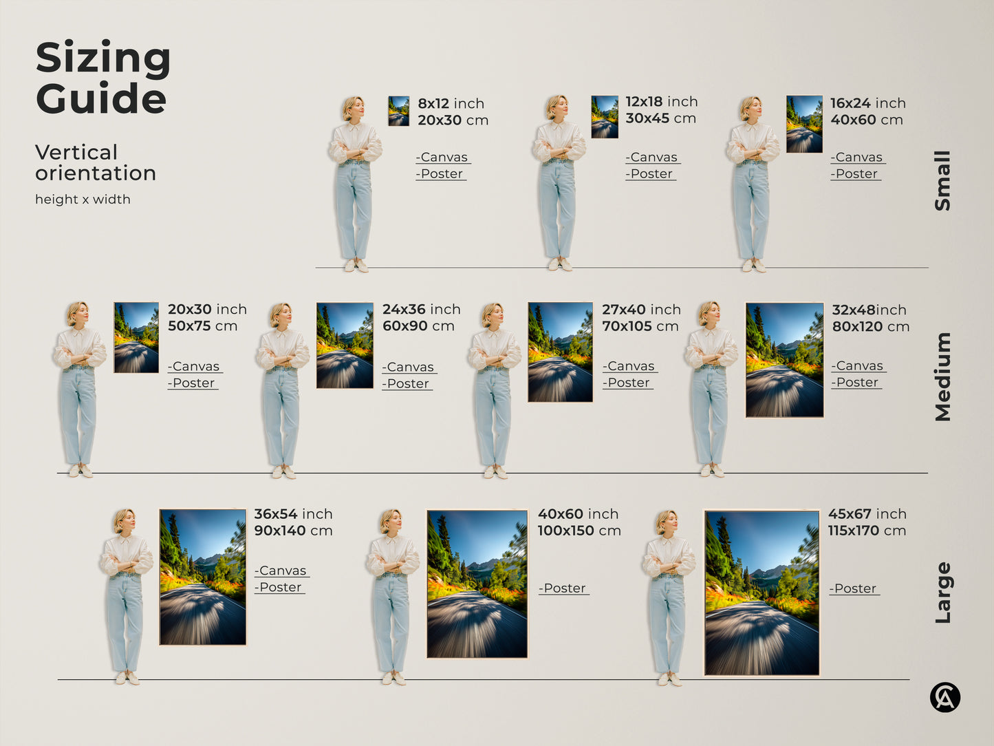 Sizing guide for vertical mountain road artwork. Available in small medium and large sizes. This canvas and poster art fits various spaces. Find the ideal dimensions to enhance your home decor with nature's beauty.