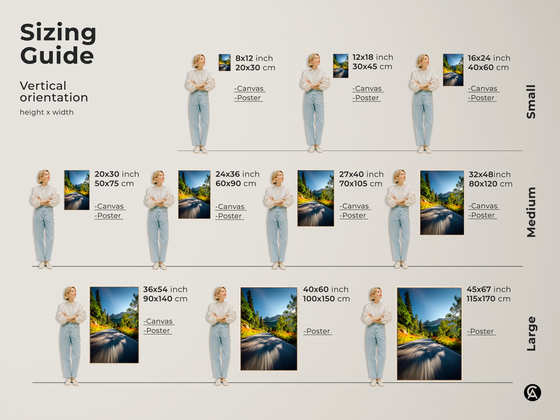 Sizing guide for vertical mountain road artwork. Available in small medium and large sizes. This canvas and poster art fits various spaces. Find the ideal dimensions to enhance your home decor with nature's beauty.