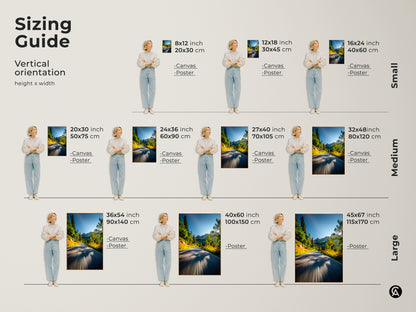 Sizing guide for vertical mountain road artwork. Available in small medium and large sizes. This canvas and poster art fits various spaces. Find the ideal dimensions to enhance your home decor with nature's beauty.