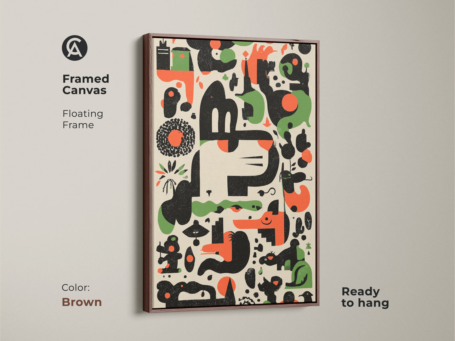 Brown Framed Canvas Print of Abstract Geometric Artwork. This Mid-Century Modern art features an Orange Green Black Animal Motif. Ready to hang with a floating frame. Ideal for office or home decor adding a retro touch.