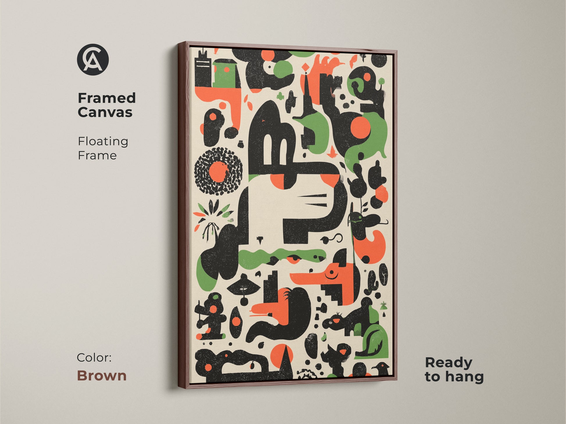 Brown Framed Canvas Print of Abstract Geometric Artwork. This Mid-Century Modern art features an Orange Green Black Animal Motif. Ready to hang with a floating frame. Ideal for office or home decor adding a retro touch.