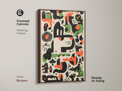 Brown Framed Canvas Print of Abstract Geometric Artwork. This Mid-Century Modern art features an Orange Green Black Animal Motif. Ready to hang with a floating frame. Ideal for office or home decor adding a retro touch.