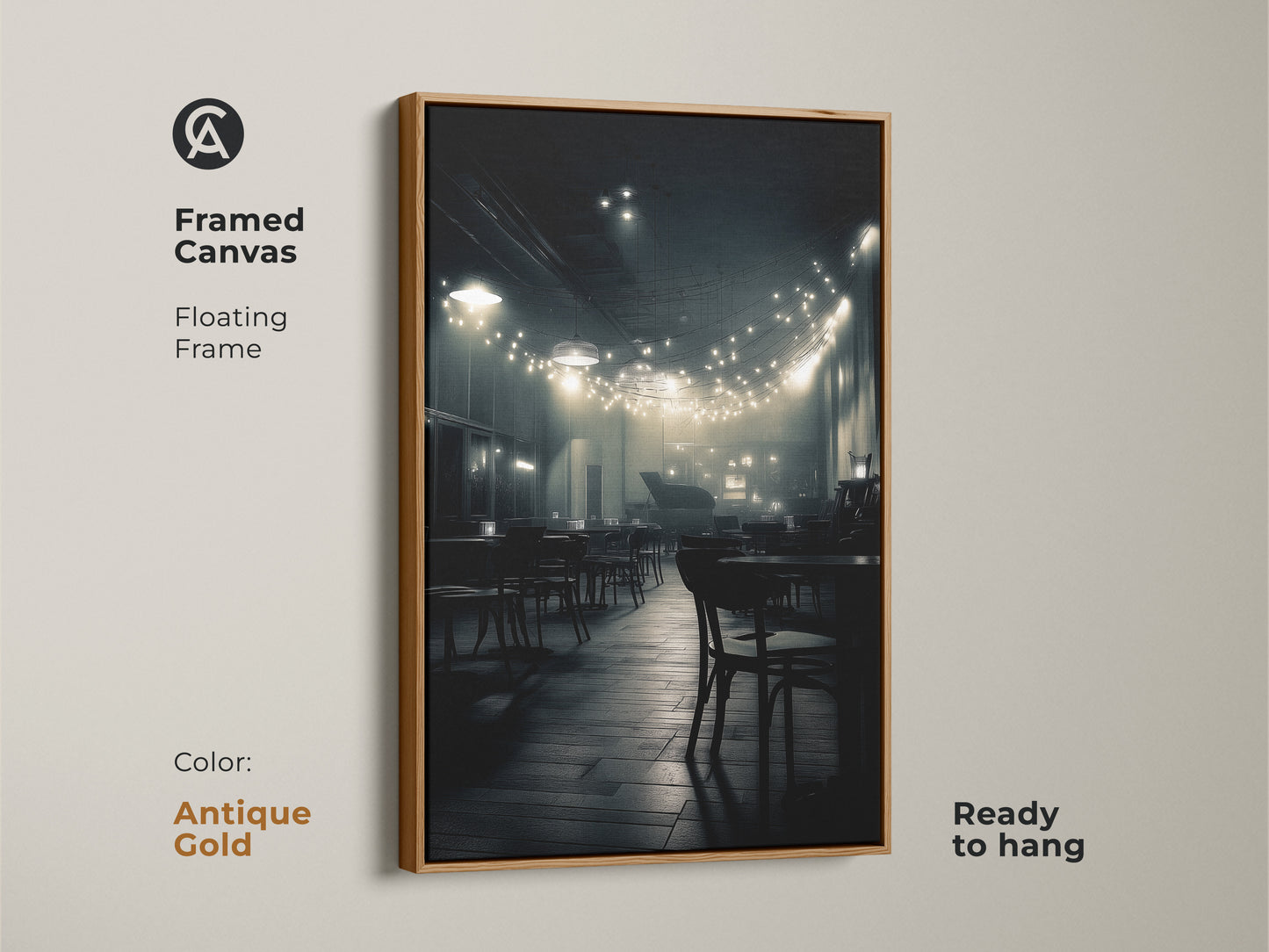 A framed canvas captures a vintage-inspired cafe. The antique gold floating frame enhances the artwork. Soft lighting creates a relaxing atmosphere. This ready to hang art brings timeless charm to any space.