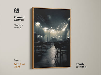A framed canvas captures a vintage-inspired cafe. The antique gold floating frame enhances the artwork. Soft lighting creates a relaxing atmosphere. This ready to hang art brings timeless charm to any space.