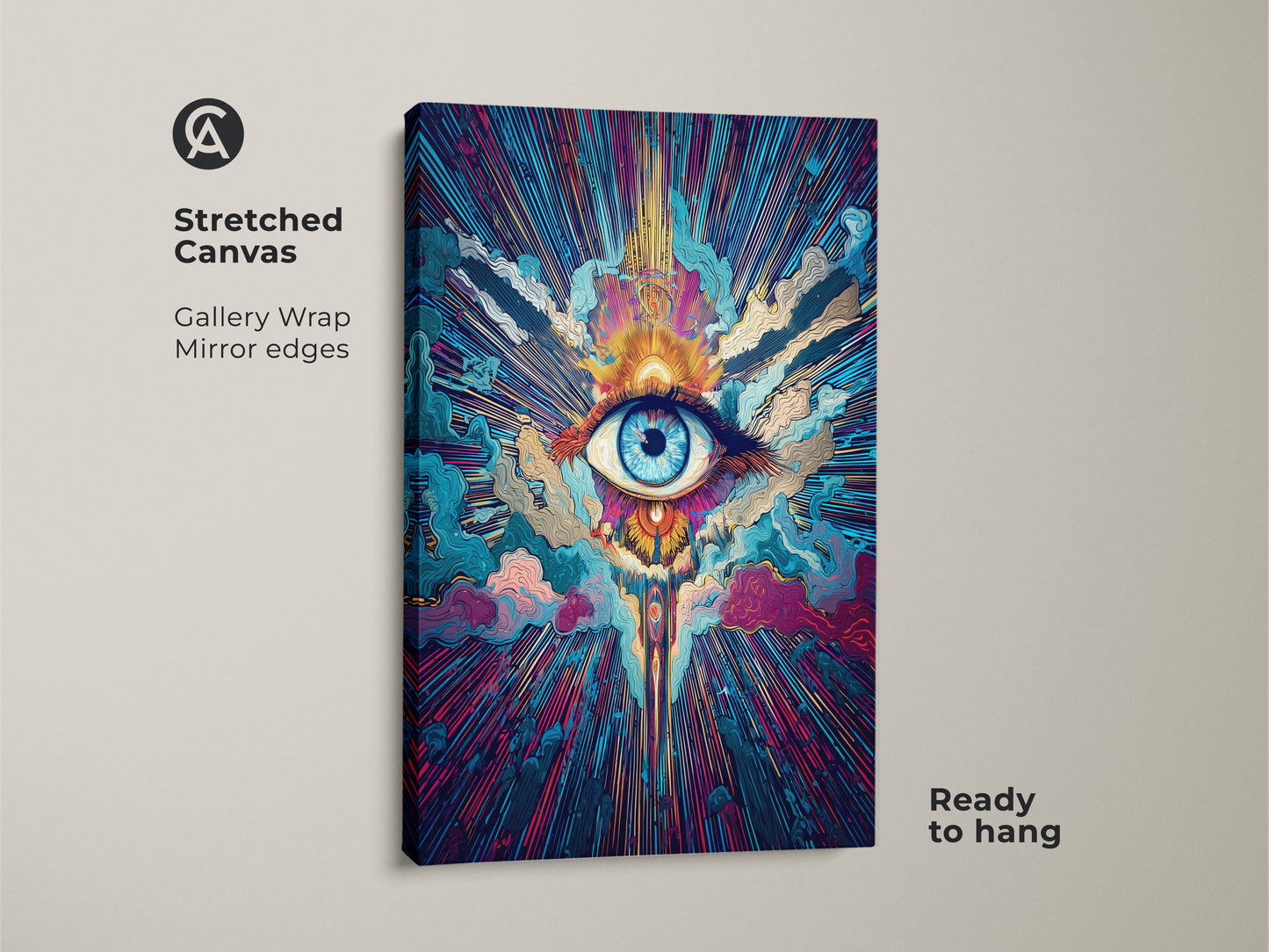 This stretched canvas features psychedelic eye wall art. Gallery wrapped with mirror edges it is ready to hang. The spiritual sunburst canvas displays cosmic abstract art. Teal orange and blue artwork brings eclectic decor to any room.
