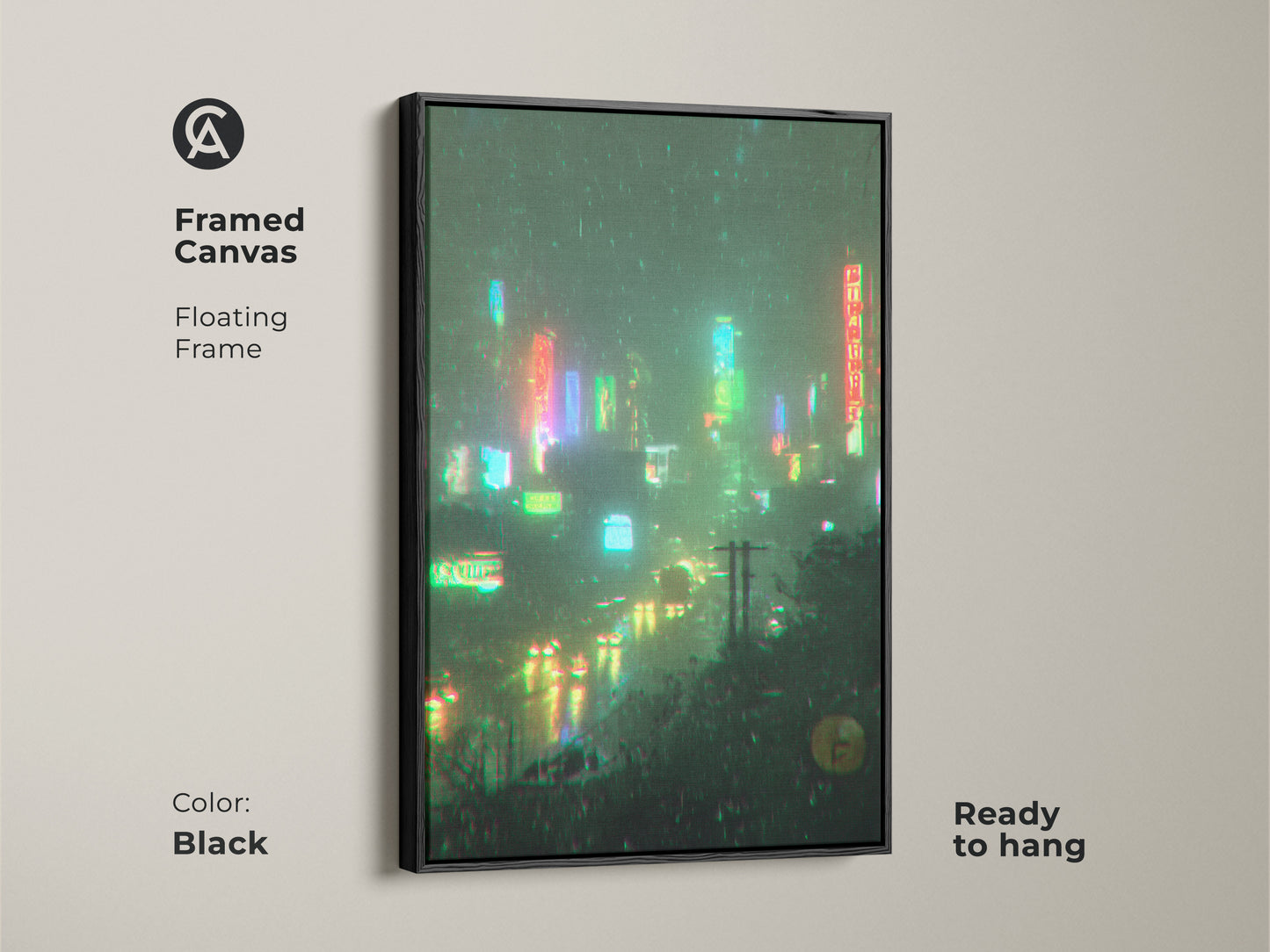 Framed canvas artwork with a floating frame. The black frame enhances the neon cityscape. The artwork is ready to hang and adds a touch of sophistication. The neon lights reflect on the wet streets. A great piece for urban art enthusiasts.