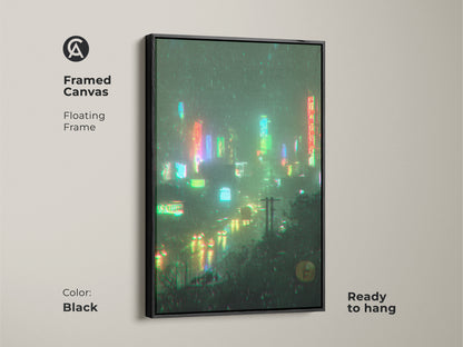 Framed canvas artwork with a floating frame. The black frame enhances the neon cityscape. The artwork is ready to hang and adds a touch of sophistication. The neon lights reflect on the wet streets. A great piece for urban art enthusiasts.