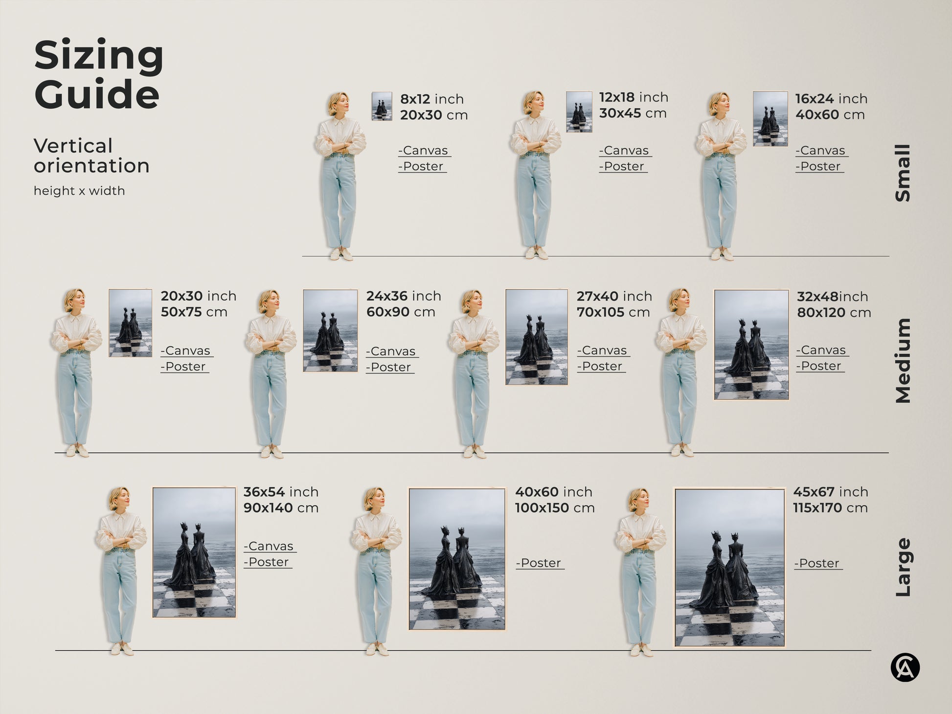 Sizing guide for the vertical orientation of a surreal monochrome chess queen artwork. Available as canvas or poster prints in small medium and large sizes. Find the perfect fit for your space.