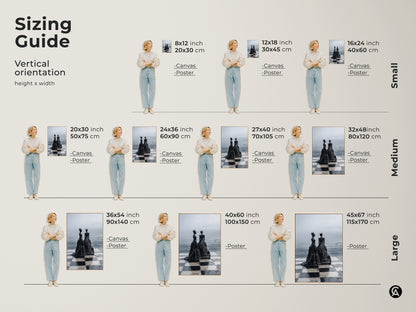 Sizing guide for the vertical orientation of a surreal monochrome chess queen artwork. Available as canvas or poster prints in small medium and large sizes. Find the perfect fit for your space.