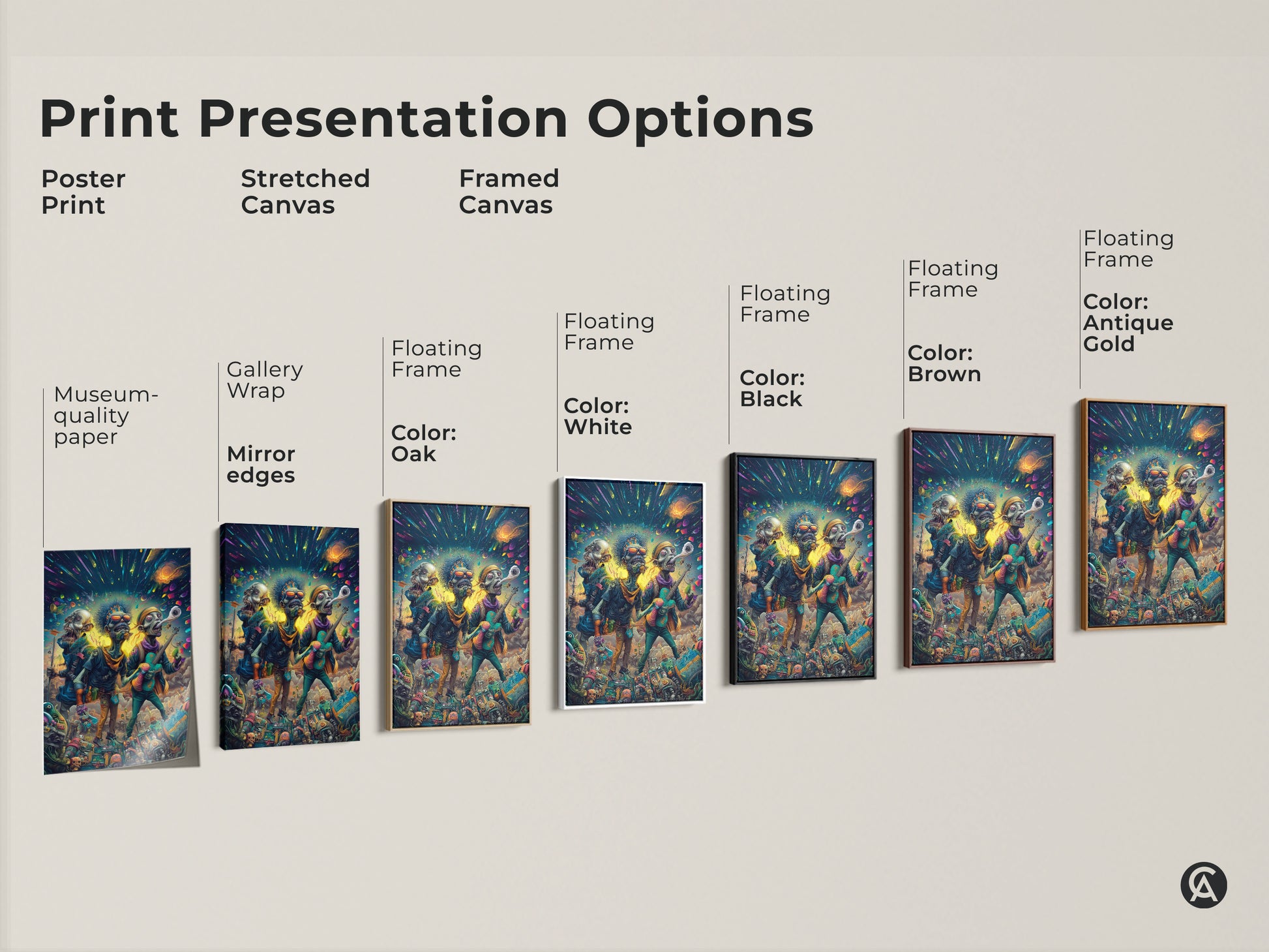 Explore print presentation options for the zombie band art. Choose from poster prints stretched canvas and framed canvas. Each option showcases the undead musicians performing under a cosmic sky. Find the perfect style to match your decor.